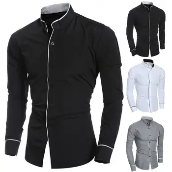 

Men Casual Solid Color Long Sleeve Stand Collar Slim Button Closure Shirt Top