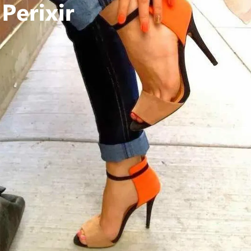 Perixir; коллекция года; женские босоножки на высоком каблуке с открытым носком; сезон лето; цвет синий; пикантная женская обувь из органической кожи в стиле пэчворк