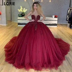 LORIE Burgundy Evening Gowns Lace Appliques Beading Strapless Ball Gown Elegant Formal Dresses Party Prom Dresses with Lacing