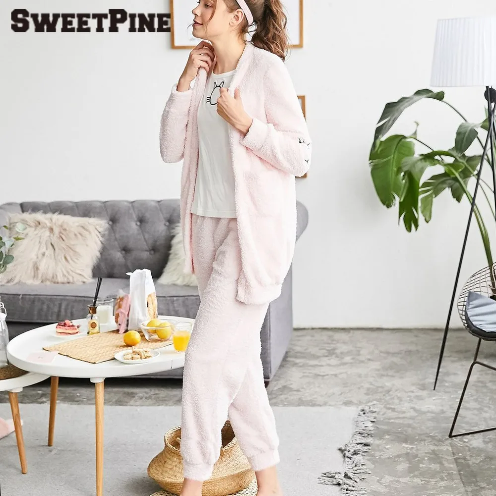 SWEETPINE, новинка, зимняя Пижама, костюм, высокое качество, женская пижама, мягкая ночная рубашка, милая, повседневная, 2 штуки, цветочный принт, пальто и штаны