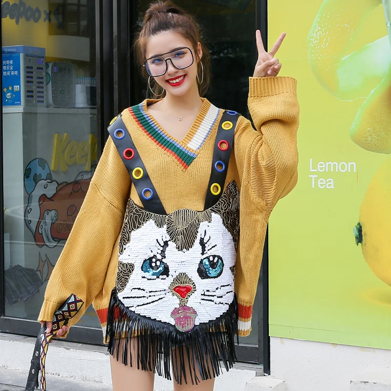 

Large size V-neck loose slimming sweater women Korean autumn and winter models outer wear cartoon knitted jacket women