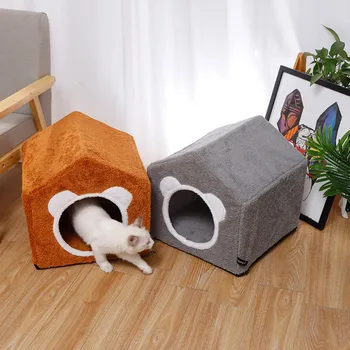 

Pet Dog House Foldable Bed With Mat Soft Winter Leopard Dog Puppy Sofa Cushion House Kennel Nest Dog Cat Bed Small Medium Dogs