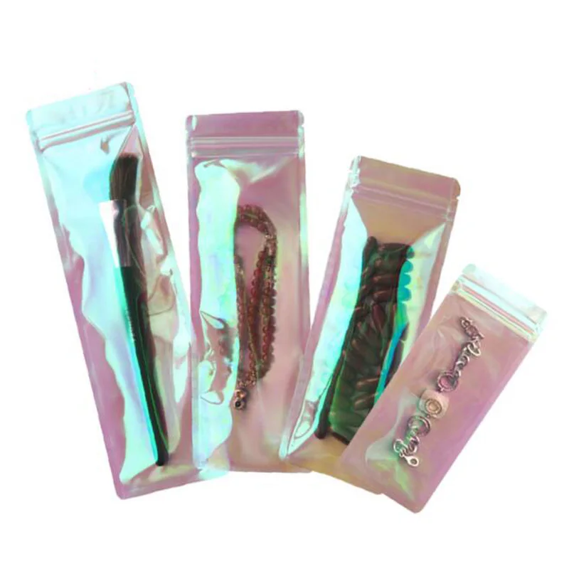 

100 шт. розовые голографические пакеты на молнии, косметические плоские мешочки для ювелирных изделий, лазерные прямоугольные пластиковые мини-пакеты на молнии