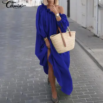 

Celmia 2020 Summer Sexy Off Shoulder Long Dress Women Bohemian Sundress Ladies Casual Solid Long Sleeve Beach Vestidos Robe 5XL