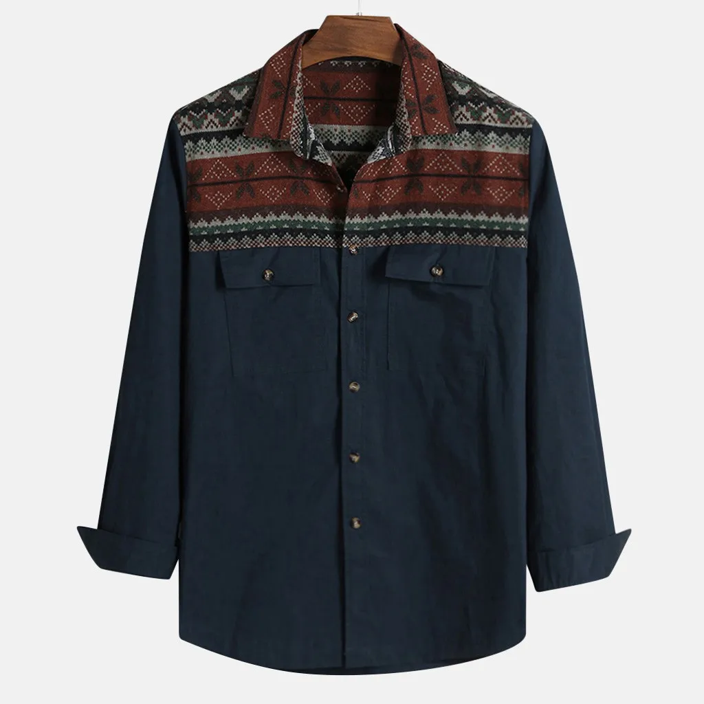 

Feitong Vintage Shirt Men Cool Handsome Ethnic Style Printed Long Sleeve Lapel Double Pockets Shirt chemise homme