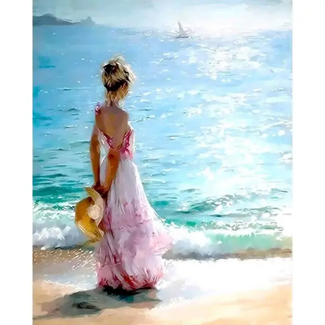 Seaside Girl DIY Canvas Painting by Numbers kids adults Acrylic abstract Oil paint by numbers Picture  For Wall modern Art 99548