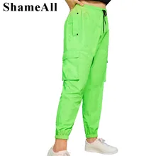 Плюс размер большой карман неоновый зеленый уличная женская брюки 4Xl повседневные брюки карго флуоресцентный рисунок Высокая талия Свободные джоггеры