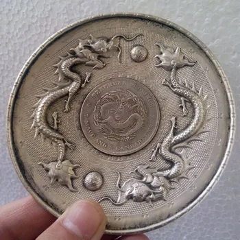 

antique solid silver Collectible Decorate Old Tibet Silver China double dragon ball Coin Plate