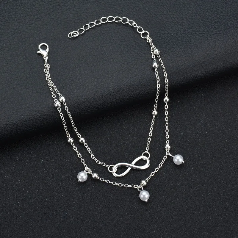 

Japanese Korean Hipster Accessories Women's Alloy Anklet 8-Word Double Layer Pearl Anklet Hot Sales Leg-shape Care Accessories