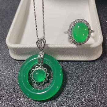 

Emerald & Jade new set set S925 silver inlay, with 18 inch exquisite necklace ring adjustable