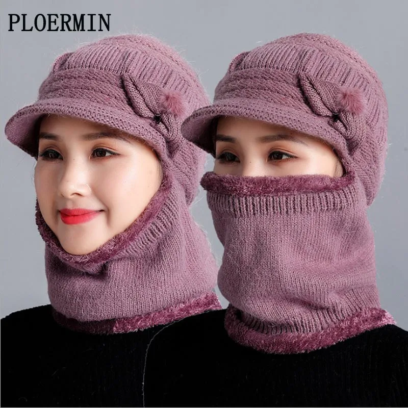 Новинка, зимние шапки Skullies Beanies, шапка для женщин, шерстяной шарф, шапки, Балаклава, маска, шапка, теплый мех кролика, вязаная шапка