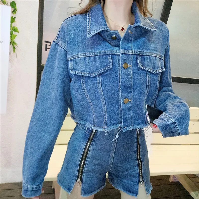 

Street Jeans Jacket + Shorts Set 2020 Spring Autumn New Womens Long Sleeve Short Jacket Denim Short Pants 2 Piece Shorts Sets