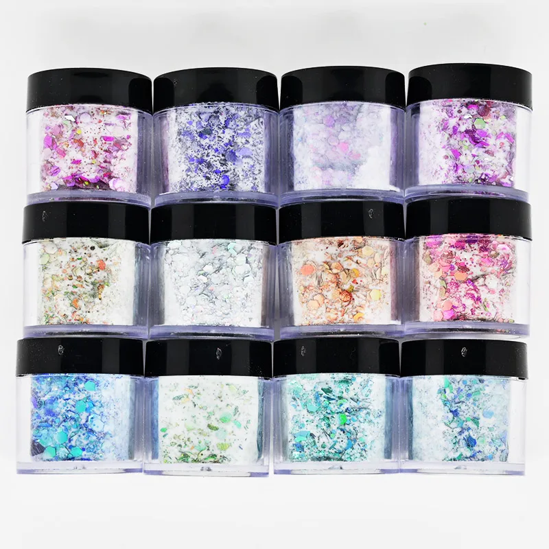 

12Jar Nail Acrylic Chameleon Sequins Laser 3 in 1 Acrylic Holographic Flakes Paillette Galaxy Mixed Colorful Mirror Powder BZYUU