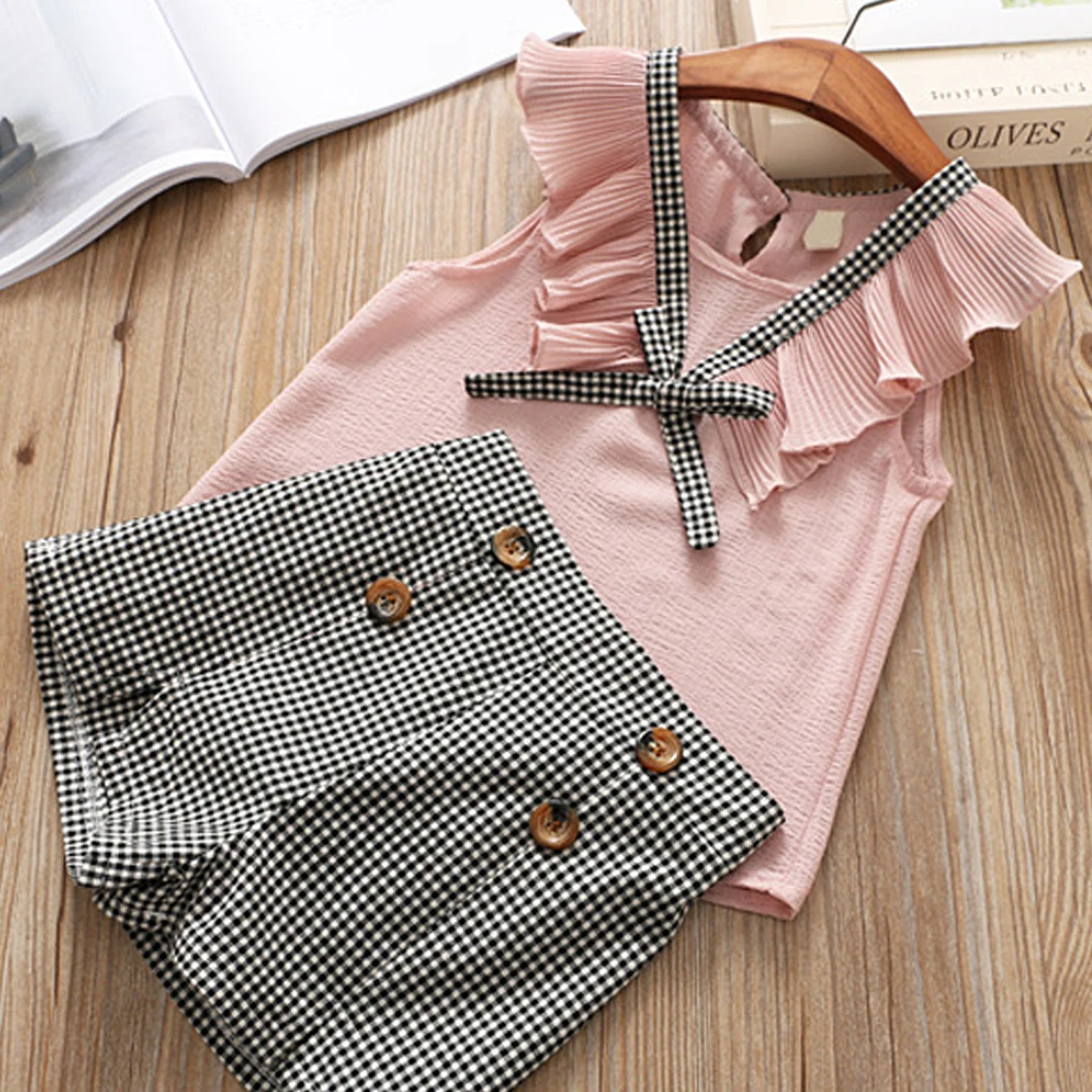

Children Clothes for Girls Sleeveless Top and Plaid Shorts Two Piece In One Set Baby Girl Clothes Kids Clothing