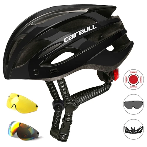 Cairbull велосипедный шлем со съемным козырьком с внутренней формовкой горные MTB шлемы очки дорожный велосипедный шлем с хвостом светильник - Цвет: black with 3lens