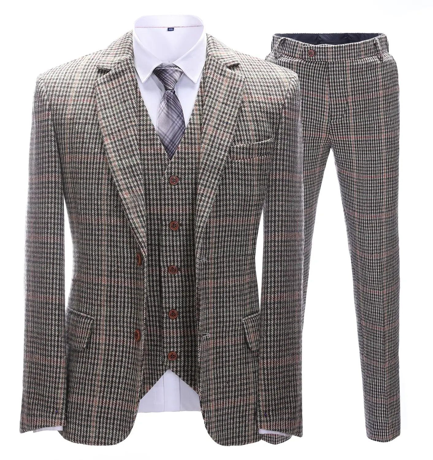 Men's Tweed Wedding Suits 3 Pieces Houndstooth Dogstooth Wool Tuxedos  Formal Notch Lapel Prom Suits Winter Coat for Men