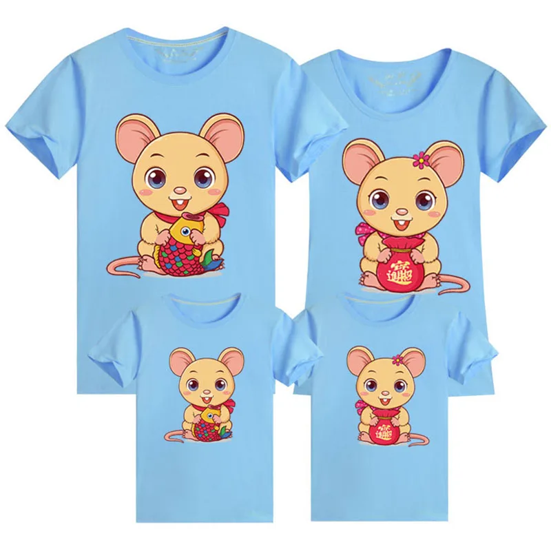 Family Matching Clothes Mouse New Year Summer Print T-Shirt Mommy And Daughter Father And Son Clothes Family Look - Цвет: Sky Blue