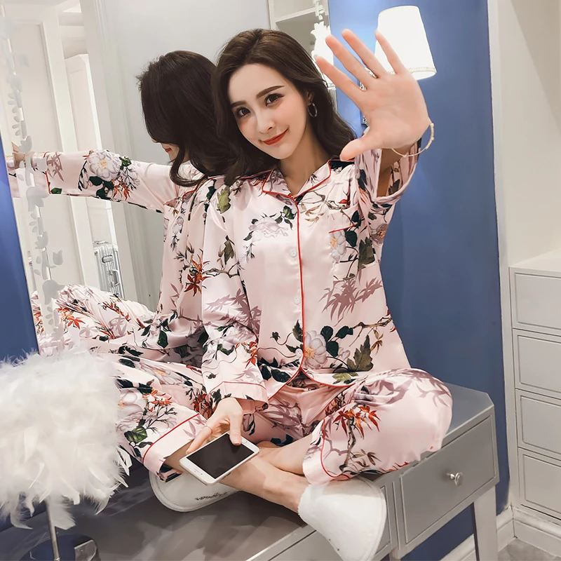 

Spring new pajamas for women cardigan lapel simulation silk suit casual new-shaped flowers and grass home service sleep tops