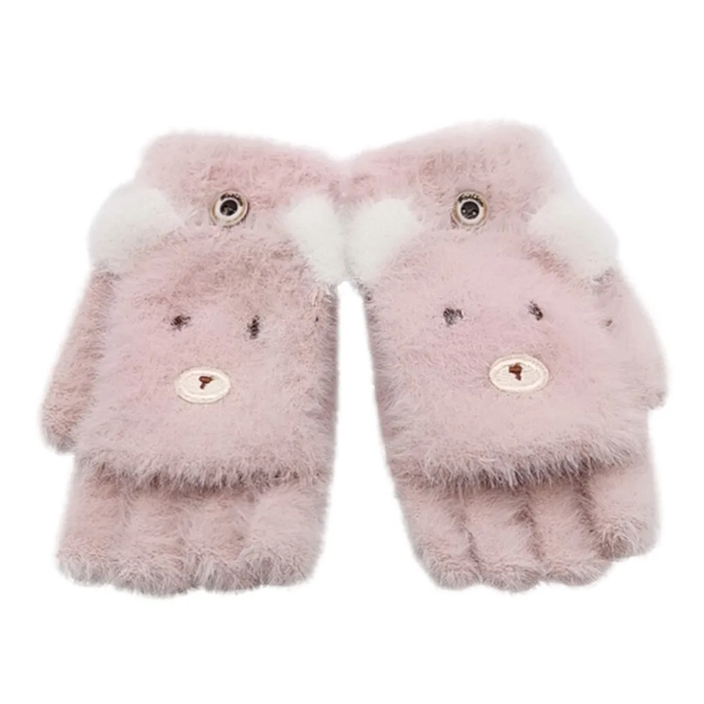 Митенки Детские зимние штаны теплые вязаные откидной флип-топ перчатки без пальцев L1101 - Цвет: Pink
