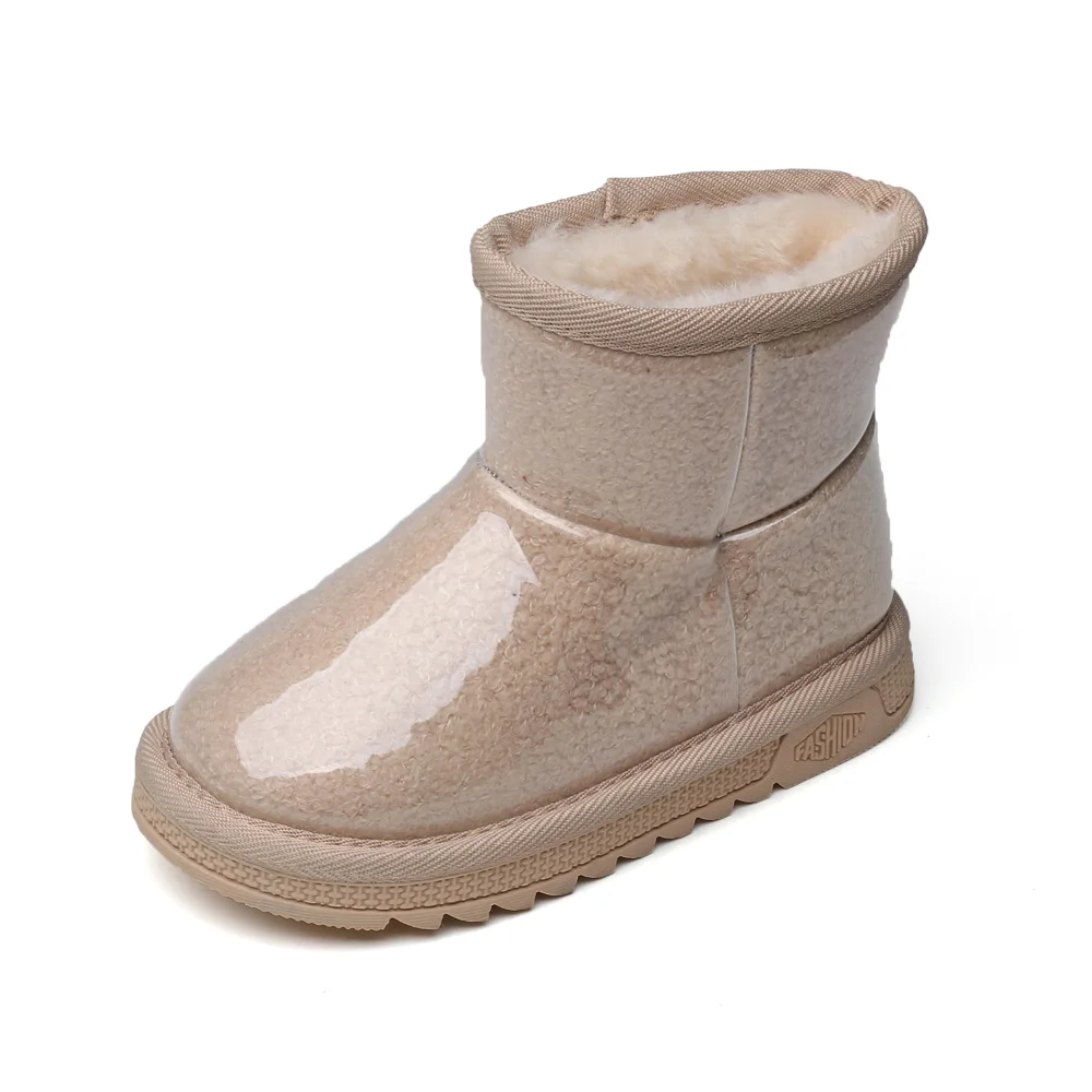 Бежевый New Fashion Children's Snow boots Winter Girls Patent leather fur martin boots Velvet Thicken boys Warm cotton princess boots - Цвет: Бежевый