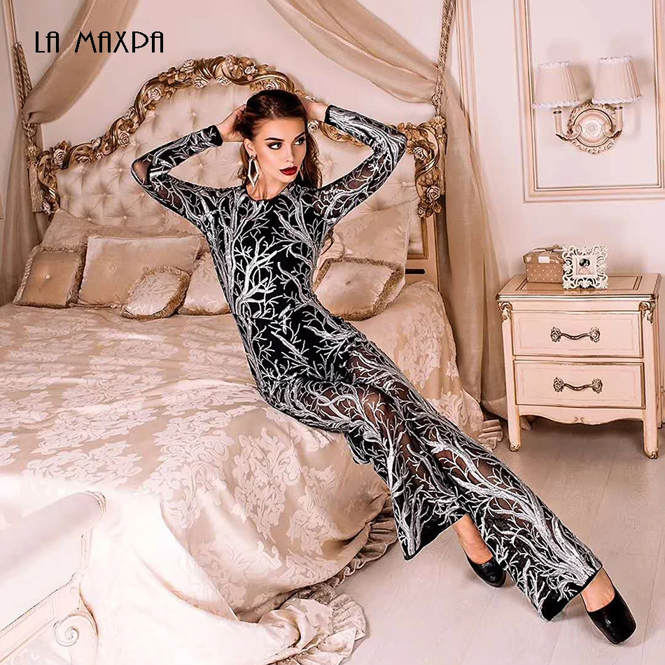 

2019 New Women'S Sexy Lace Long-Sleeved Sequin Club Long Jumpsuit Celebrity Runway Party Jumpsuit
