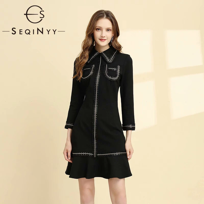 

SEQINYY Office Lady Dress 2020 Summer Spring New Fashion Design High Quality Chain Ruffles Mini Black Dress