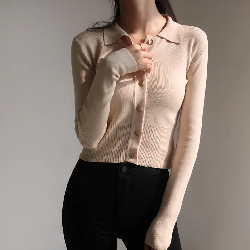 Women Spread Collar Buttons Knit Cardigan with Width Rib Waist Sweater Crop Knit Top