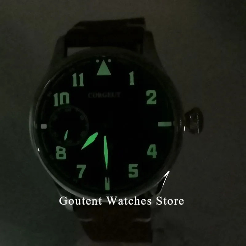 44 мм CORGEUT часы черный циферблат серебряный корпус зеленый светящийся 17 Драгоценности механические 6497 ручной завод Мужские часы