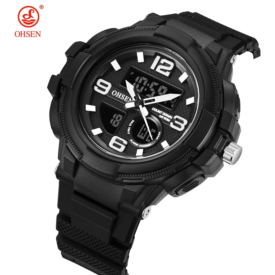 Digital Quartz Men wristwatch Stopwatch LED Dual time Gold Silicone Watch 50M Diving military Alarm clock relogio masculino - Цвет: Black