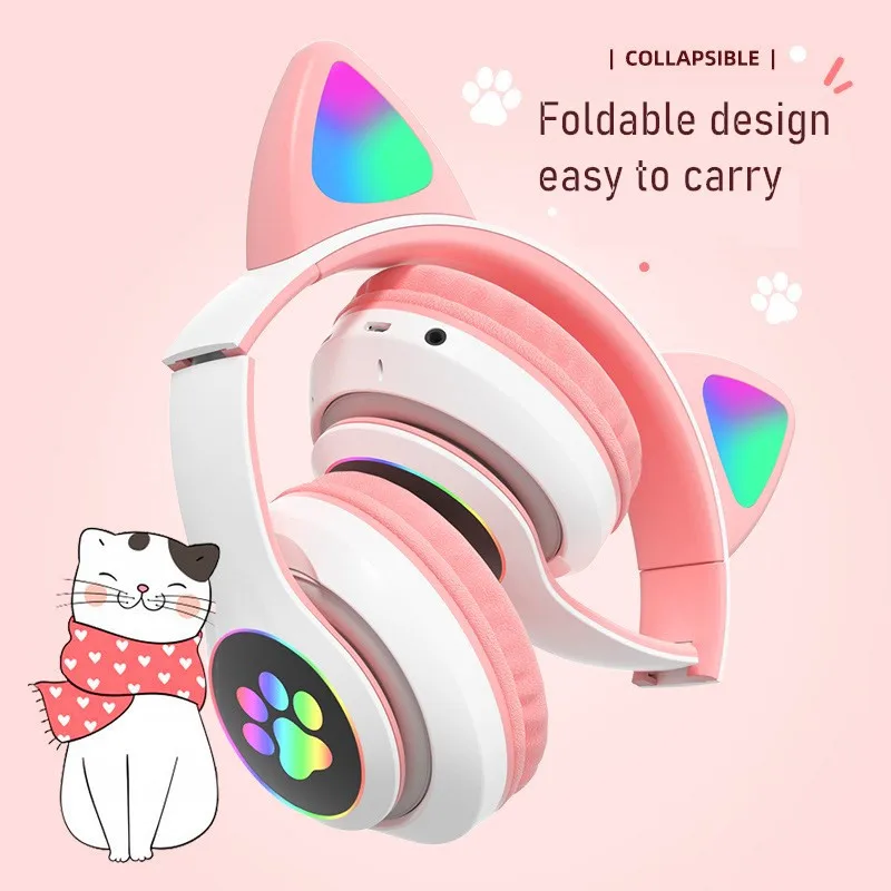 Wireless Headphone Flash Light Cute Cat Helmet Phone HD Mic Bluetooth Headset LED Kid Girl Stereo Noise Reduce Music Child Gift
