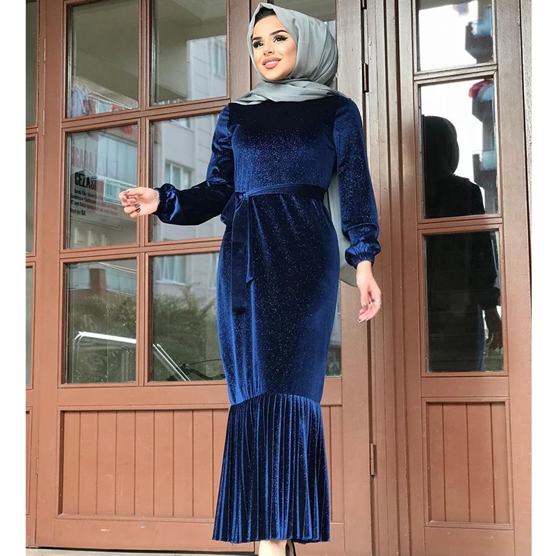 Черное мусульманское платье Abaya бархатное Плиссированное однотонное макси в