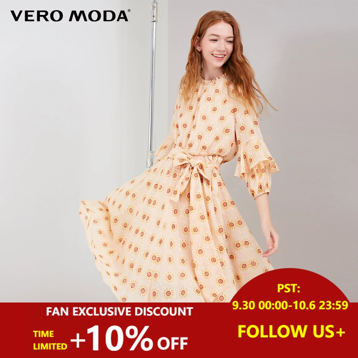 

Vero Moda 2019 New Women's Printed Elasticized Neckline 3/4 Sleeves Lace-up Dress | 31847C509