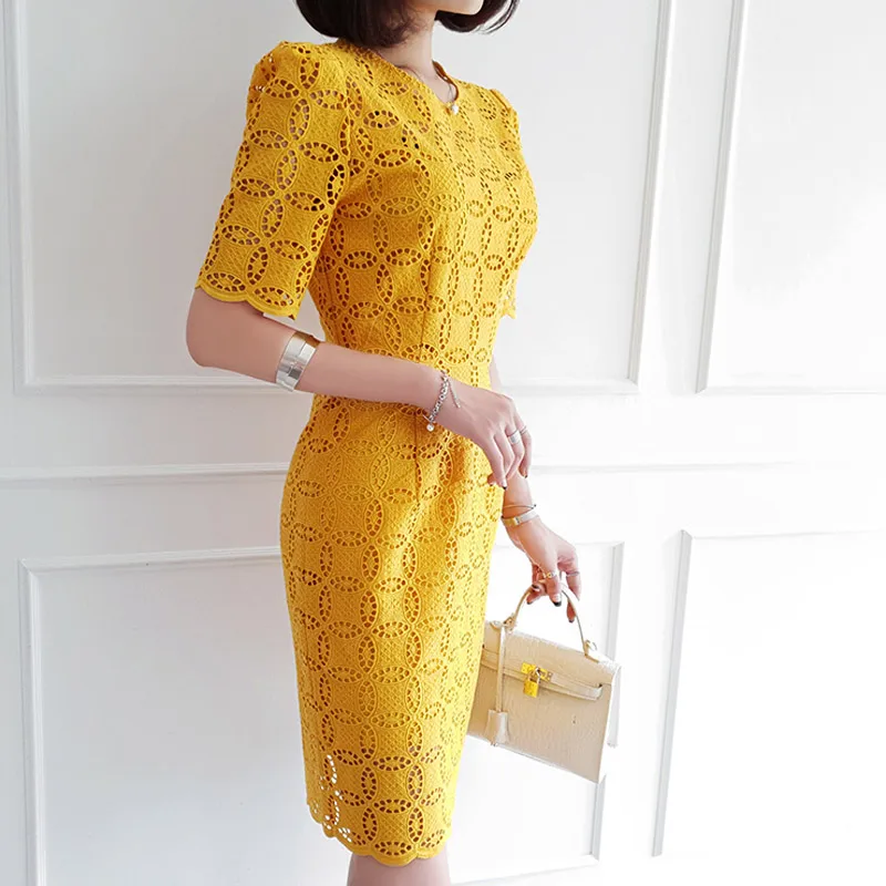 Autumn Half Sleeve Solid Hollow Out Sexy Vestidos Women Midi Pencil Party Dress