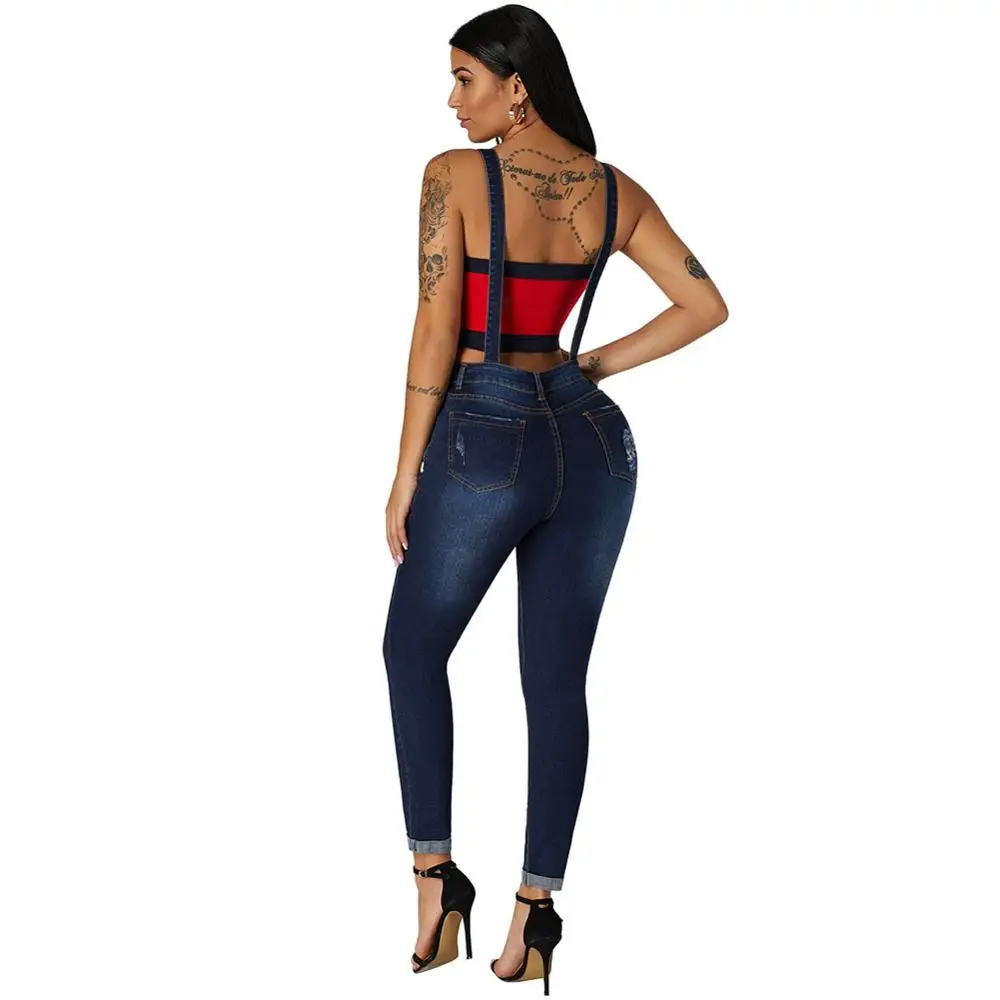 Women Light Blue Dark Blue with hole Femal fashion Denim Laidback Distressed Overalls good pants Couplet trousers suspenders