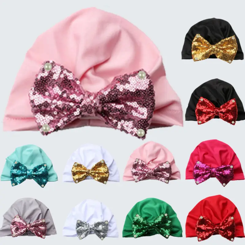 Baby Toddler Girls Cute Glitter Sequin Bowknot Turban Hat Stretchy Beanie Cap