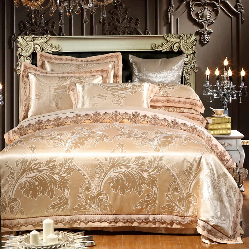 Lace Jacquard Bedding Sets Luxury Gold Embroidered Satin Duvet Cover