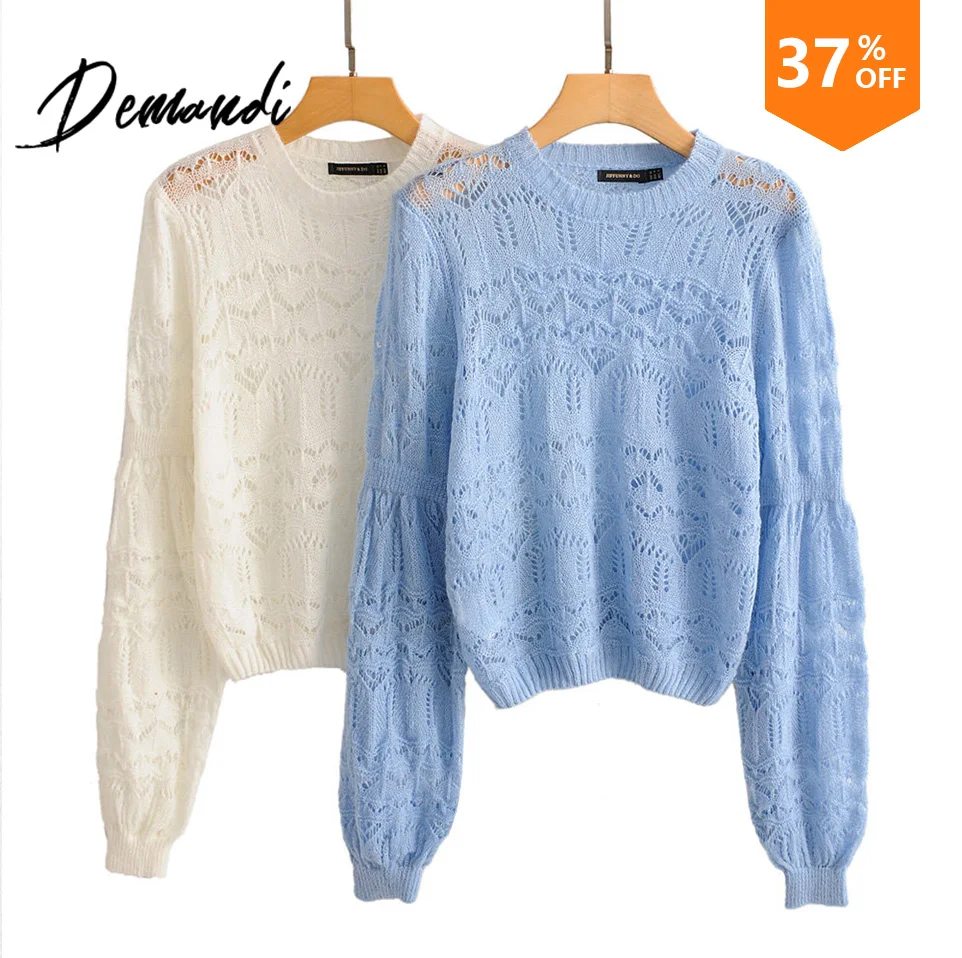 DEMANDI Woman's Sweater Fall 2019 New Pure-color with Hollowed-out Round-neck Lantern Sleeves and Long | Женская одежда
