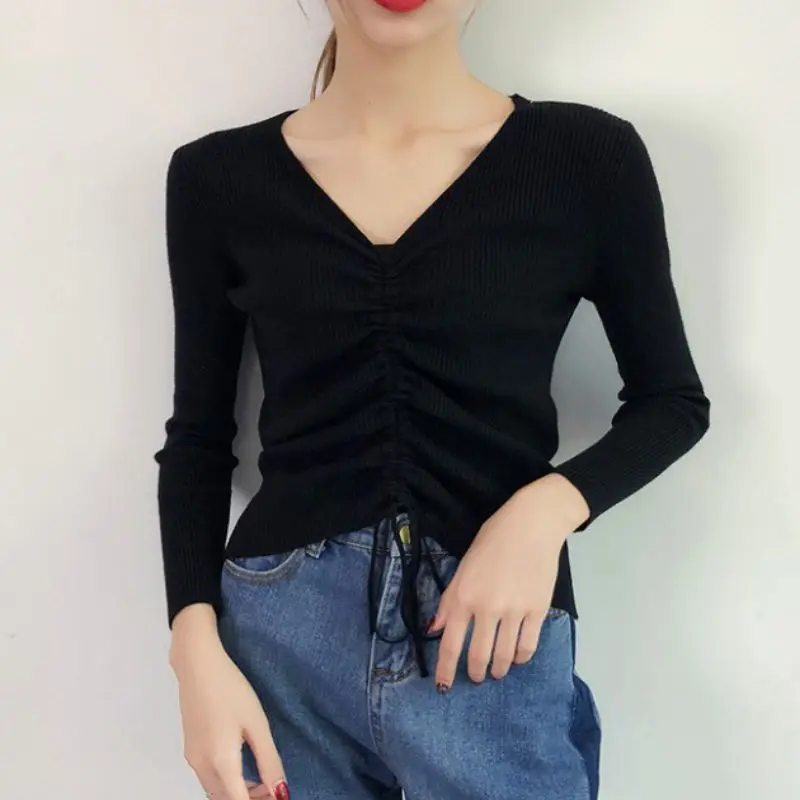 

MM Autumn Winter Women Slim Sweater Ladies Long Sleeve Pullover Sweater Solid Color V-neck Drawstring Knit Top