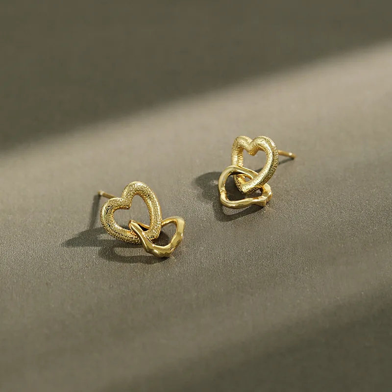 

100% S925 Sterling Silver Jewelry Geometric Hollow Double Heart Stud Earring silver ornaments Women Party Wedding Gift