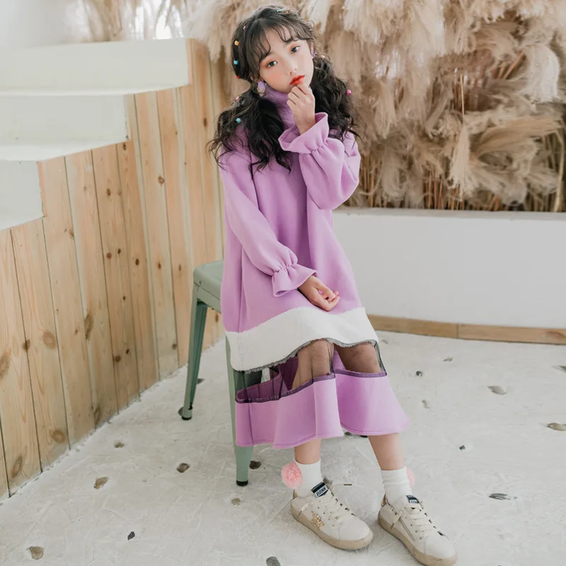 Осенне-зимние длинные свободные платья для девочек новые сетчатые платья в стиле пэчворк для маленьких девочек Детские платья принцессы с высоким воротником#8082