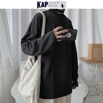 

KAPMENTS Men Japanese Streetwear Solid Long Sleeve Tshirts 2020 Mens Harajuku Black Kpop Cotton T-shirts Couple White Tops Tees