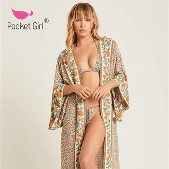 

Pocket Girl 2020 Beach Cover Print Flower Tunic for Beach Beach Cardigan Robe Plage Swim Cover Up for Women Bikini Sexy Cover Up