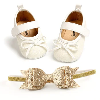 

Bowknot Sequins Baby Girls Shoes Infant Newborn Princess Christening First Walkers + Hairband Baby Girl Baptism Birthday Shoes