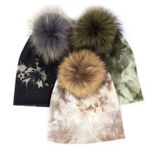 Унисекс Хлопок Теплый галстук краситель череп вязаная шапка женская шапка с 15 см настоящий помпон из меха енота для мужчин мальчиков шапочки для зимы и осени