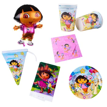 

25pcs Dora the Explorer Theme Kids Birthday Party Decor Paper Cup Plates Napkins Tablecloth Dora Balloons Baby Shower Supplies