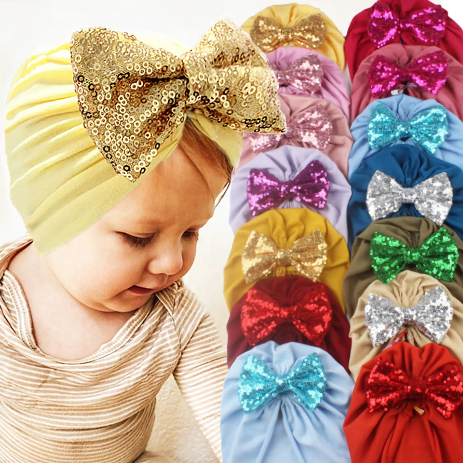 Newborn Headband Baby Solid Hat Cap Beanie Paillette Bow Headband