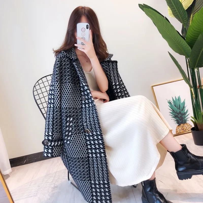 

[EWQ] 2019 Winter Coat Women Full Sleeve Turn-down Collar Plaid Mink Cashmere Coats Sweet Women Loose Thick Woolen Coat QL21201