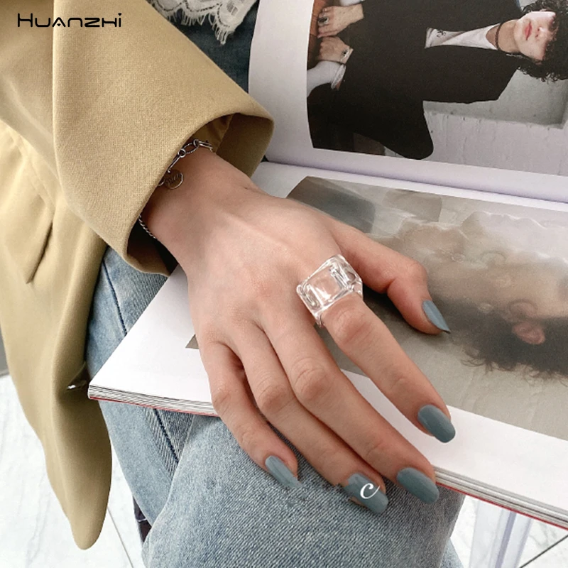 HUANZHI 2020 New Colorful Transparent Acrylic Irregular Marble Pattern Ring Resin Tortoise Rings for Women Girls Jewelry