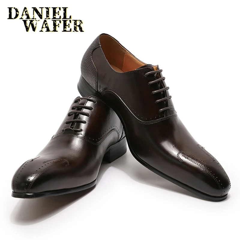 2020 WINTER LUXURY MEN GENUINE LEATHER SHOES MEN LACE UP OFFICE BUSINESS SHOES FORMAL BROGUE POINTED TOE OXFORDS WEDDING SHOES