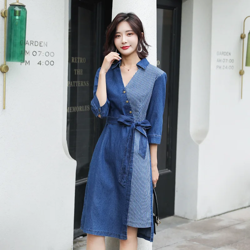 

New 5XL Spring Autumn Women Dresses Plus Size Casual V-Neck Collect Waist Sashes Patchwork Jeans Dress For Women Denim One-Piece